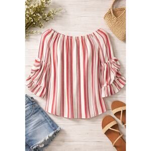 Women’s Fever Off Shoulder Blouse L Red Stripe Ruffle Sleeve Boho Top